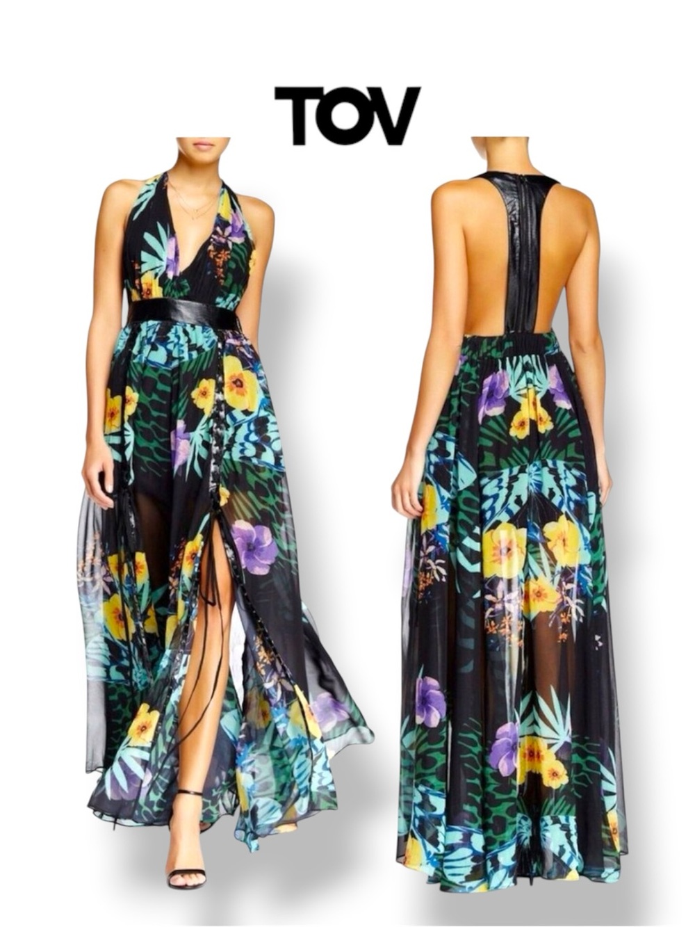 TOV Los Angeles Holy Faux Leather Trim Floral Maxi Dress — Size 40 🌺🖤